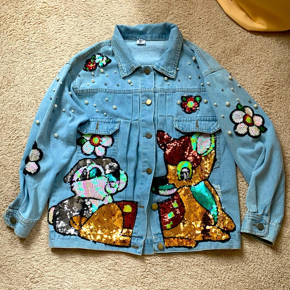 Women’s Denim Jacket with Sequin Animal Design - US L